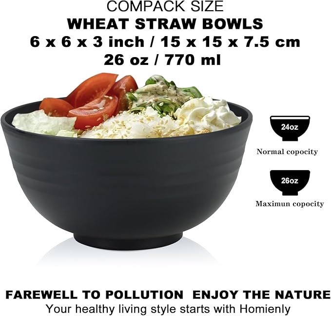 Homienly Wheat Straw Dinnerware Set of 24 Service for 8 Plates and Bowls Sets Unbreakable Drinking Cup Reusable Lightweight Dinnerware Set for Kitchen (Black)