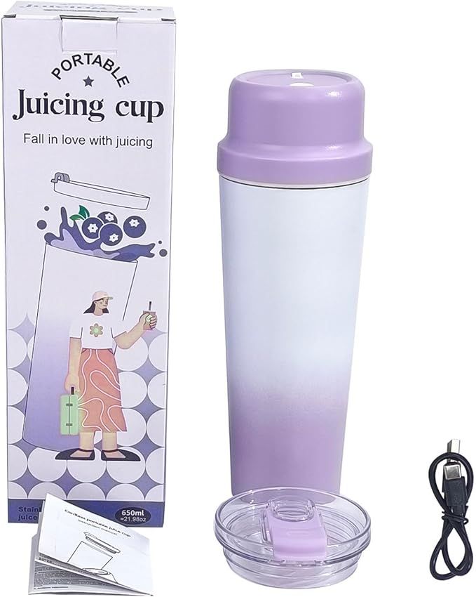Stainless Steel Blender CupPortable USB Rechargeable Electric Juicer Blender 650ml Purple