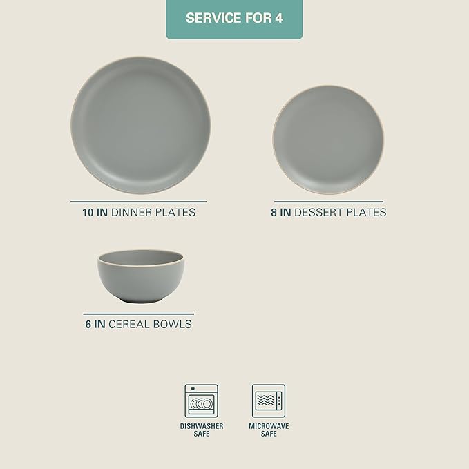 Gibson Home Rockaway 12-Piece Stoneware Dinnerware Set Matte Finish Service for 4 Modern Ceramic Plates and Bowls Microwave &amp Dishwasher Safe – Soft Gray - Service for 4