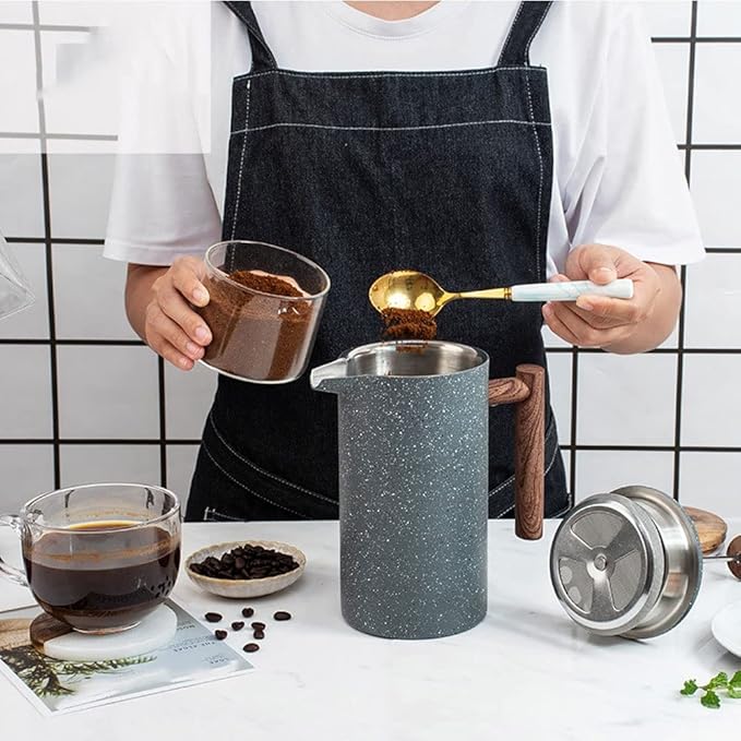 Stainless Steet French Press Coffee Maker Double Walled Insulated Coffee &amp Tea Brewer Pot &amp Maker Keeps Brewed Coffee or Tea Hot 1000 ml Gray Black