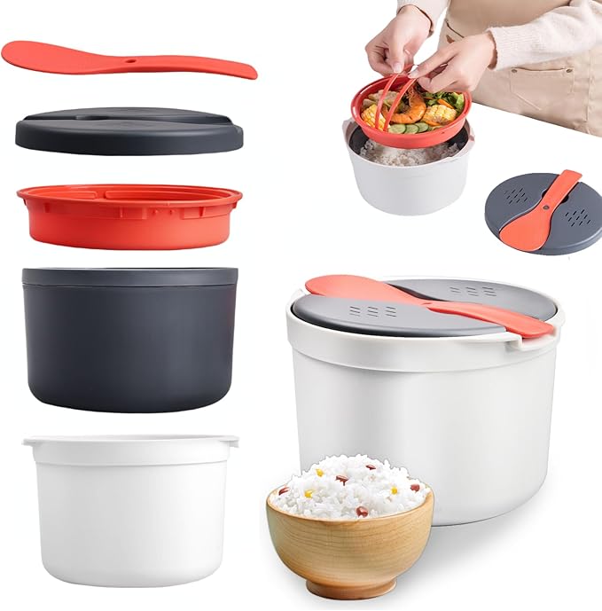 Qivine Microwave Rice Cooker 2L Microwave Pasta Cooker 2 Layer Microwave Vegetable Steamer with Strainer Non-Stick Rice Cooker for Microwave Dishwasher Safe