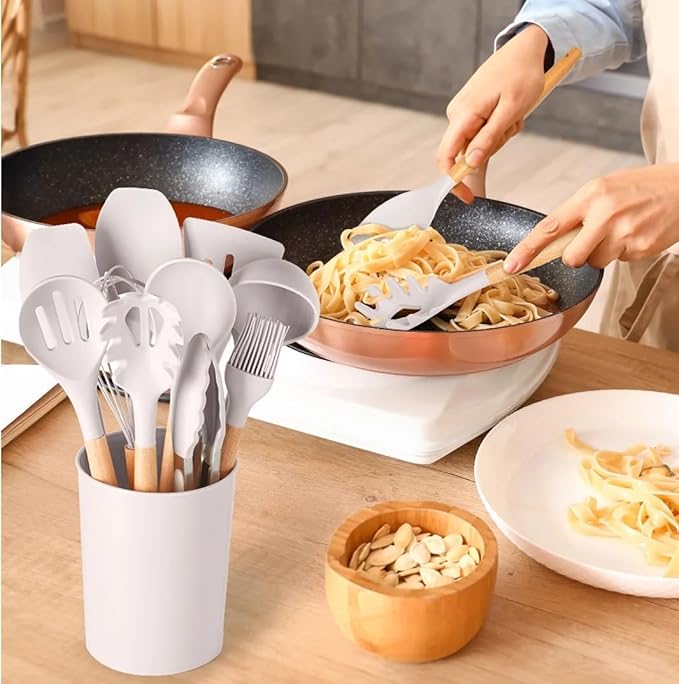 14-Piece Silicone &amp Bamboo Cooking Utensil Set Food-Grade Cooking Tools with Wood Handles Scratch-Free for Nonstick Cookware Heat Resistant Easy Clean Dishwasher Safe
