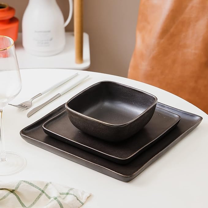 Stone Lain Jonny Stoneware 12 Piece Dinnerware Set Home Kitchen Modern Square Dish Set with Dinner Plates Salad Plates &amp Bowls Brown