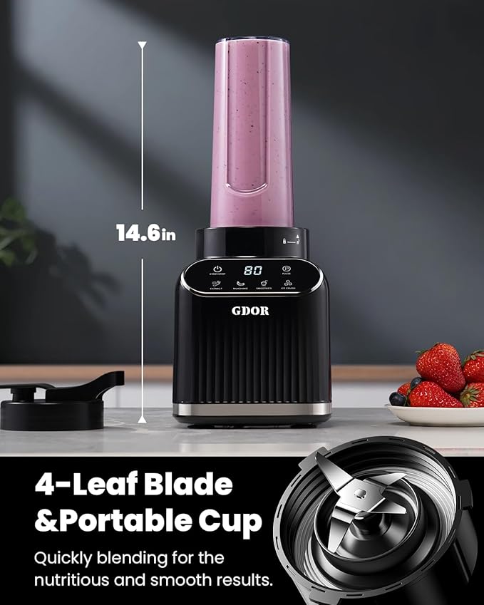 GDOR Professional Blender for Kitchen 1200 Peak Watts Smoothie Blender 5 Functions for Ice Crushing &amp Frozen Fruit 52 Oz Glass Jar &amp 24 Oz To-Go Cup Combo Self-Cleaning Black