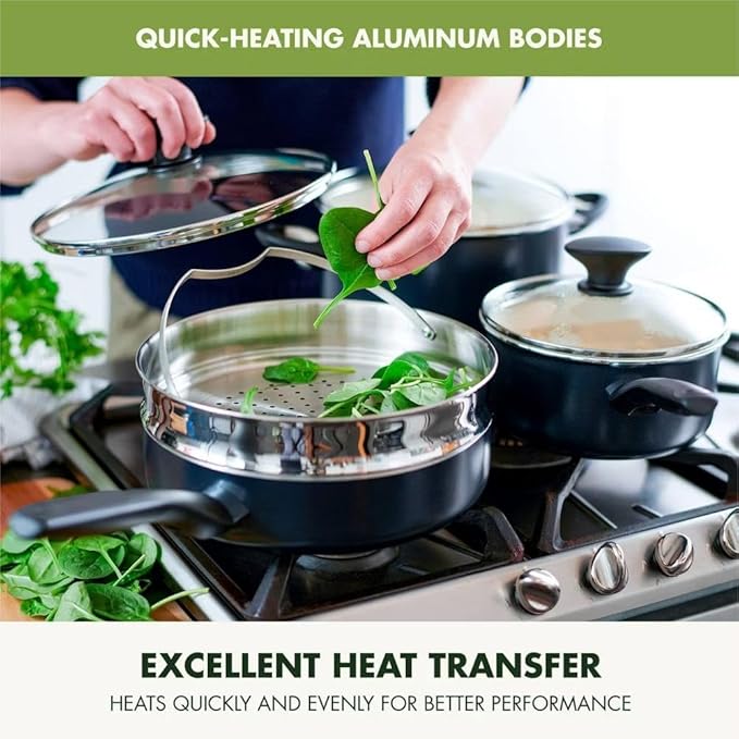 16 Piece Cookware Pots and Pans Set Hard Anodized Healthy Ceramic Nonstick PFAS-Free Bakelite Handles Frypans Saucepan Saute Pan Stock Pot Kitchen Tools Dishwasher Safe Black