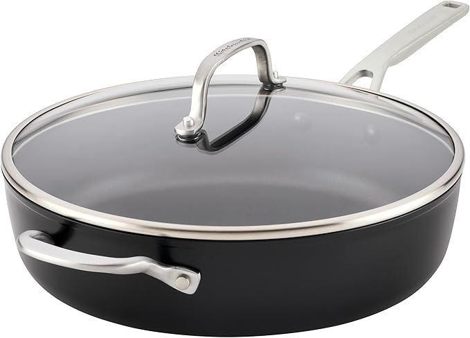KitchenAid Hard Anodized Induction Nonstick Cookware Saute Pan/Jumbo Cooker with Lid and Helper Handle Dishwasher Safe 5 Quart Non Stick Sauteuse with Stainless Steel Handles - Matte Black