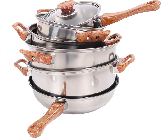 Wood Model Pots Pans Set less Steel Cookware Set Multi Functional Pots and Pans with Handle Glass Lid and ic Pla for Soup Cooking and Frying