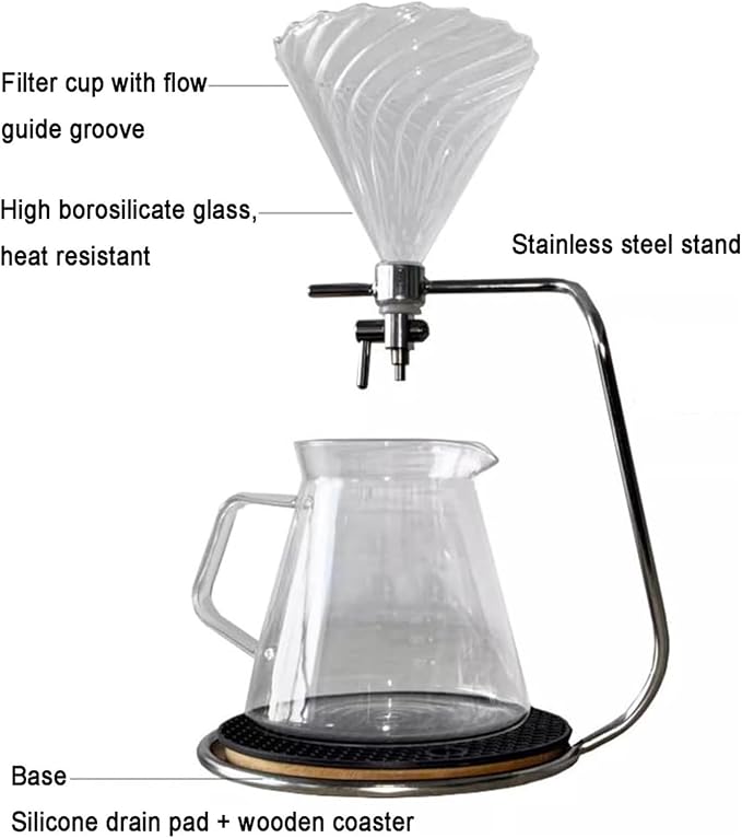 Pour Over Coffee Maker Glass Coffee Tea Brewer Pour Over Coffee Maker Glass 600 Ml with Stainless Steel Stand and Coaster Drip Filter Cup for Home or Office Makes 2-4 Cups.