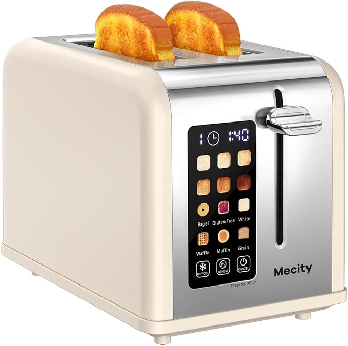 Mecity 2 Slice Touch Screen Toaster 1.5 Wide Slot Stainless Steel Smart Toaster for Bagels Muffins Waffles Gluten-Free Breads Defrost Reheat Timer 120V 825W Cream Color