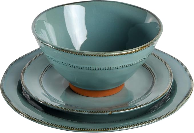 12-Piece Terracotta &amp Stoneware Dinnerware Set – Hand-Painted Artisanal Plates &amp Bowls Reactive Glaze Finish Dishwasher &amp Microwave Safe (Teal)