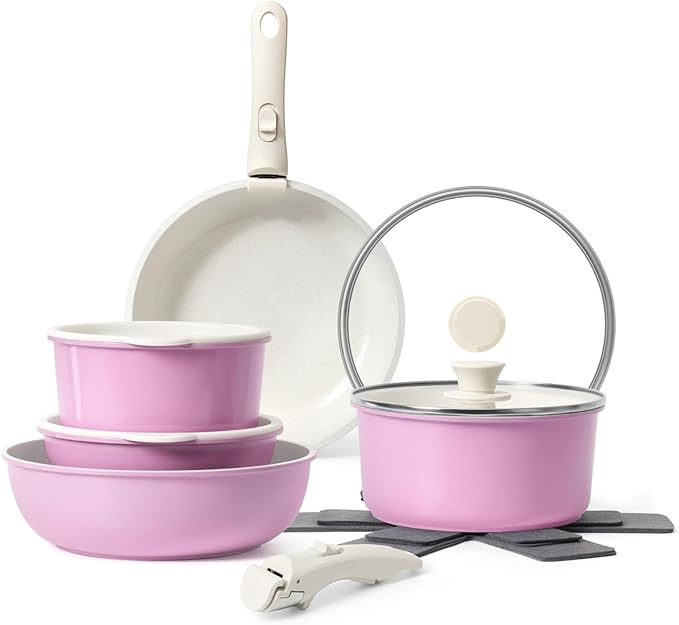 15Pcs Pots and Pans Set Non Stick Cookware Sets with Detachable Handle Nonstick RV Kitchen Cooking Tools Removable Handles Oven Safe Induction Fast Stackable Induction Cookware Pink