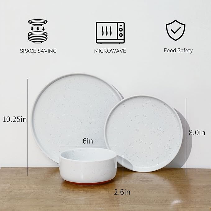 GZG Modern Art Series - 18 Pcs Speckled Stoneware Plates and Bowls Sets Ceramic Dinnerware Set with Rustic Terracotta Underside Microwave and Dishwasher Safe Handcrafted Dishes Set - Porcelain White