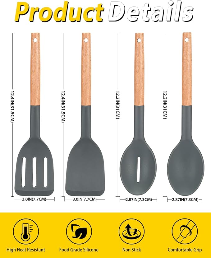 Pack of 4 Silicone Cooking Utensils Set Non Stick Solid Spatulas and Heat Resistant Slotted Spoons with Wooden Handle Ideal Wood Kitchen Utensils Set for FryingServingTurningStirring (GRAY)