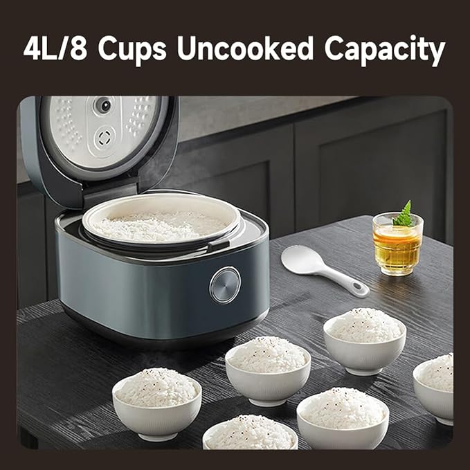 Midea 8 Cups Uncooked Rice Cooker Non-stick Ceramic Rice Cooker with Celadon Coated Inner Pot 15 Smart Cooking Programs 4L MRD401T2BMB