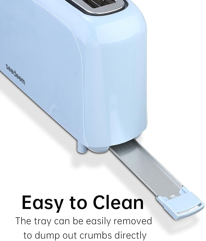 SEEDEEM 2 Slice Slim Toaster Single 10 Long Slot Toaster Fits Bagels &amp Artisan Bread 6 Shade Settings Cancel/Reheat/Defrost Removable Crumb Tray Auto Shut-Off Blue