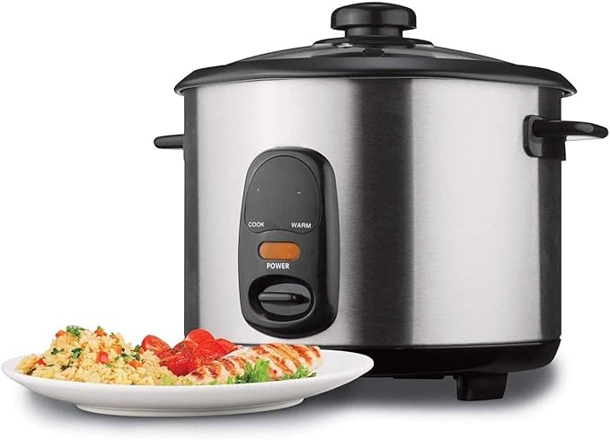 8-Cup &amp 5-Cup Rice Cooker and Steamer with Non-Stick Pot – One-Touch Electric Rice Maker with Auto-Warming Glass Lid &amp Measuring Cup – Silver and Black (8 Cups)