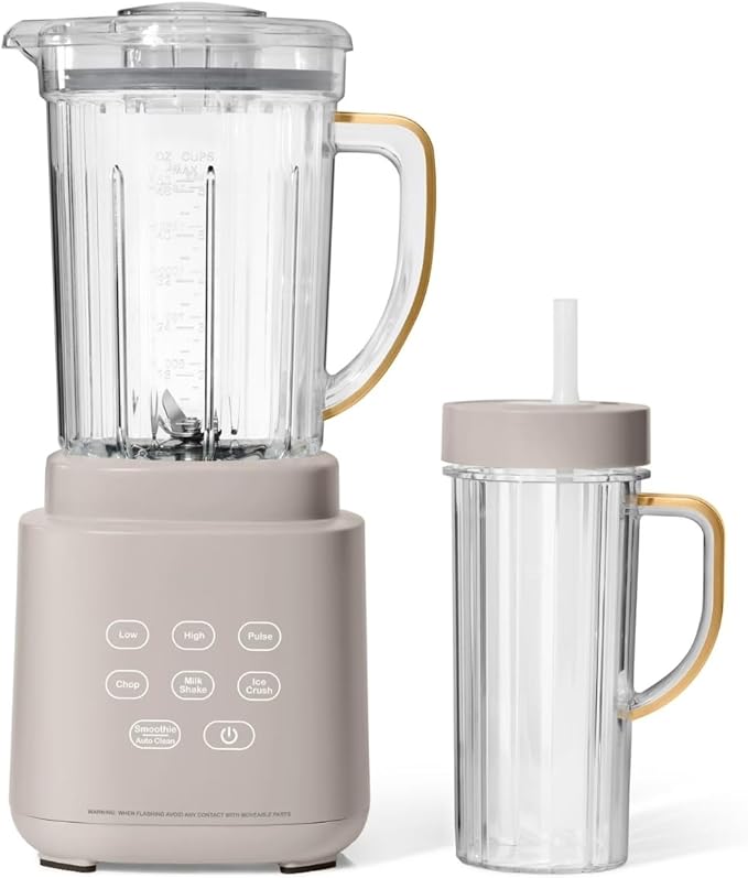 PowerExact Blender PrecisionSense Tech 3 Speeds 4 Presets 50oz BPA-Free Jar 20oz To-Go Cup No Drippy Sippy Lid Auto-Clean Dishwasher Safe Ice Crush &amp Smoothies (Porcini Taupe)