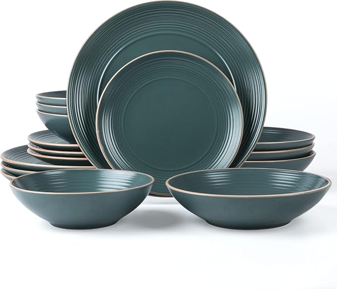 RINGAR Round Stoneware 16pc Double Bowl Dinnerware Set for 4 Dinner Plates Side Plates Cereal Bowls Pasta Bowls - Speckle Matte Green (431952)