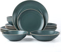 RINGAR Round Stoneware 16pc Double Bowl Dinnerware Set for 4 Dinner Plates Side Plates Cereal Bowls Pasta Bowls - Speckle Matte Green (431952)