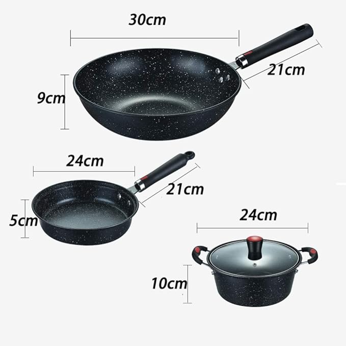 3 Pieces Pan SetsThere are Soup Pots WokFrying Pans Made of Thick Iron Non-Scalding Handles Suitable for Various Stoves Easy to Clean Stone Set