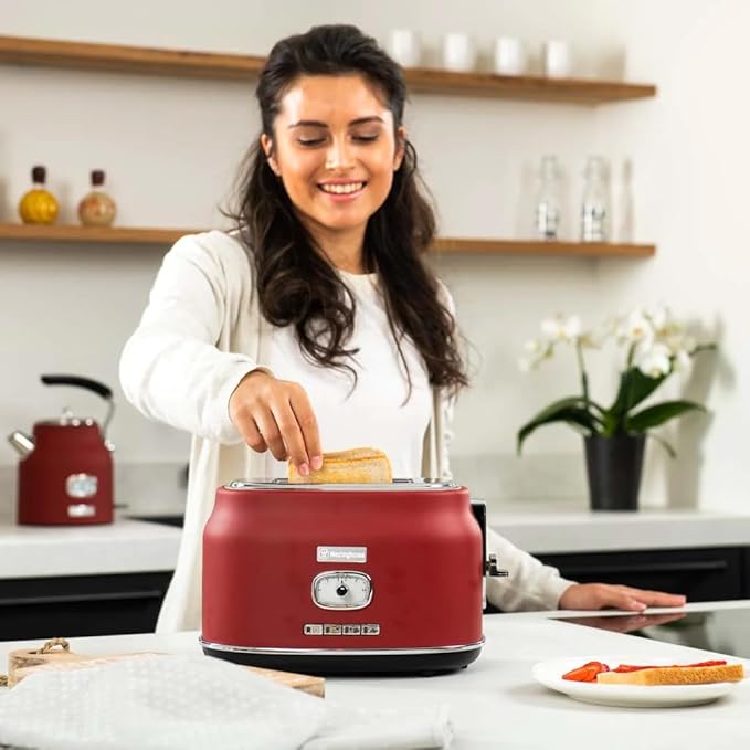 Westinghouse Retro 2-Slice Toaster Stainless Steel Extra Wide Slots with High Lift Lever 4 Easy Functions Removal Crumb Tray 6 Levels of Toasting (Red)