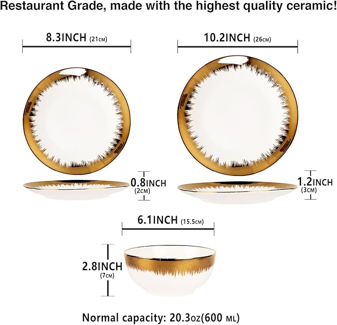 Dinnerware Sets(12Pcs) Serves for 4 Modern Dinnerware Gilded Edge Plates and Bowls Set with 8.3Small Plate 10.2dinner Plate 6.1Soup bowl apply Indoor Outdoor (Gilded set)