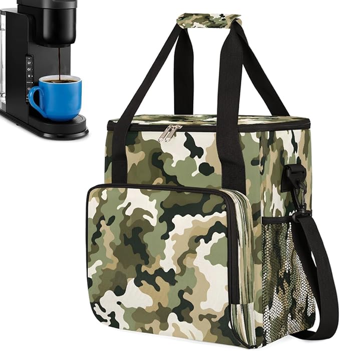 Green Camo Black Camouflage Coffee Maker Carring Bag Travel Carrying Storage Tote Bag Compatible with Keurig K-Mini or K-Mini Plus Portable Single Serve Coffee Brewer Case with Pockets for K-cup Pods
