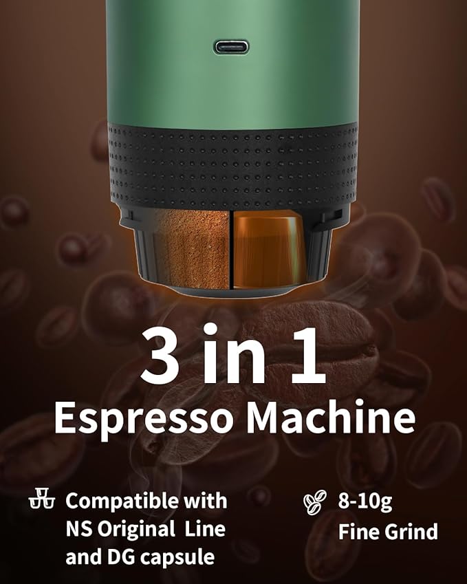 Portable Electric Espresso Machine Travel Coffee Maker Brewer Compatible with Ground Coffee &amp NS Capsules (Green with LCD Screen)