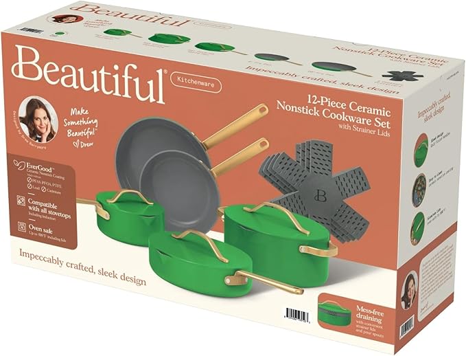 Pans12pc Ceramic Non-Stick Cookware Set by Drew Barrymore Pots &amp Pans with Lids Dishwasher‑SafeSoft‑Touch Handles Even‑Heat Base. (Kelly Green)
