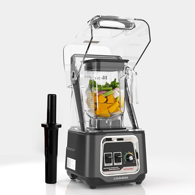 CRANDDI Professional Smoothie Blender 2200W Commercial Soundproof Quiet blender with Removable Soundproof Shield for Crushing Ice MilkShakes Puree Self-Cleaning 50oz 110V K80 (Grey)