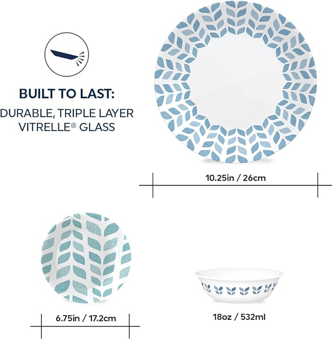 Corelle Global Collection Vitrelle 18-Piece Dinnerware Set Triple Layer Recycled Glass Lightweight Eco-Friendly Round Plates and Bowls Set Northern Pines