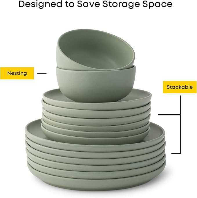 JoyJolt Mesa Stoneware Dinnerware Set 18-Piece Plates and Bowls Sets Includes Dinner - Salad and Cereal and Soup Bowls Modern Farmhouse Matte Sage Green Dish Set for 6