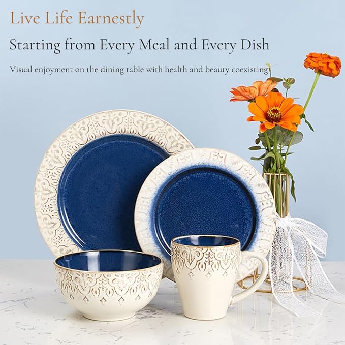 Stoneware Dinnerware Set of 4 4 Pieces Ceramic Dinner Plates Bowl Mug for Kitchen – Unique Gift Idea Scratch Resistant Dishes Dishwasher &amp Microwave Safe (Coral Sea)