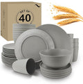 Wrova 40Pack plates and bowls sets for kitchen - Unbreakable wheat straw dinnerware sets service for 8 - Alternative plastic 40pcs dish sets for picniccamping and R.V. - (Grey)