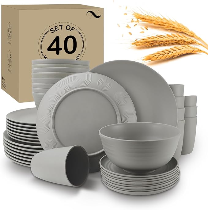 Wrova 40Pack plates and bowls sets for kitchen - Unbreakable wheat straw dinnerware sets service for 8 - Alternative plastic 40pcs dish sets for picniccamping and R.V. - (Grey)