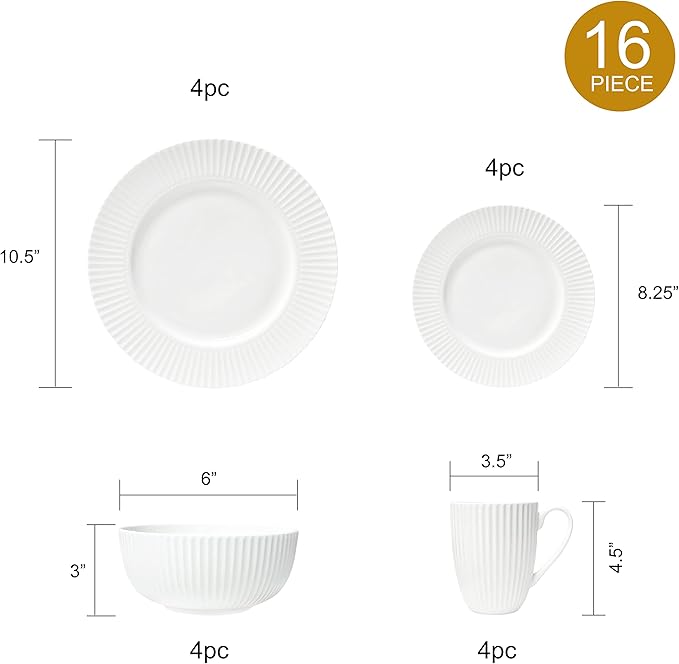 Dinnerware 16 Piece Set Bone China Service for 4 White Embossed stripe Dishes Microwave Safe Chip Resistant Dishware For Formal Casual and Everyday Living Plates and Bowls Set