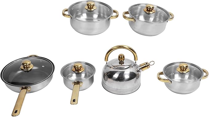 Cookware Set Stainless Steel Rustproof Nonstick Pan Pot Set with Gold Handle Multi - Size Kitchen Pots - Durable Energy Efficient Stylish Design Suitable for All Stovetops (Gold Handle with