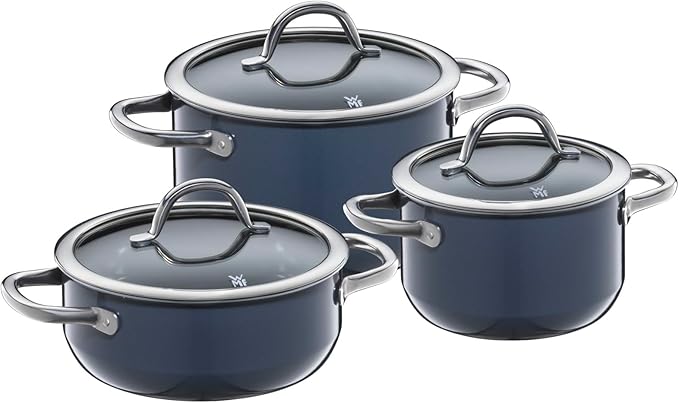 WMF Fusiontec Inspire Induction 3-Piece Saucepan Set with Glass Lid Induction Pots Set High-Tech Ceramic Scratch-Resistant Uncoated Dark Blue 516855290