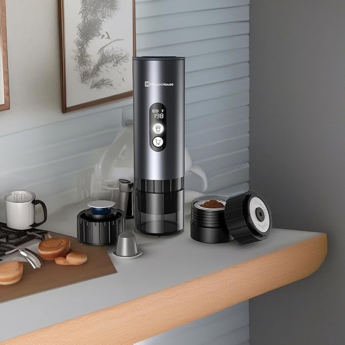 Maestri House 150W Espresso Maker with 2-3 Min Fast Self-Heating Portable Travel Espresso Coffee Machine with Small Tea Cup Also Holder for NS Capsule &amp Ground Coffee for Car Camping RV Hiking