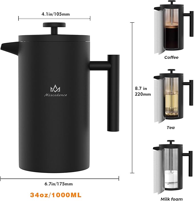 French Press Coffee Maker34OZ Double Wall Vacuum Insulated 304 Stainless Steel (34oz Black)