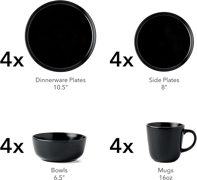 SKUGGA Round Stoneware 16pc Dinnerware Set of 4 Dinner Plates Side Plates Cereal Bowls Mugs - Matte Black (472979)
