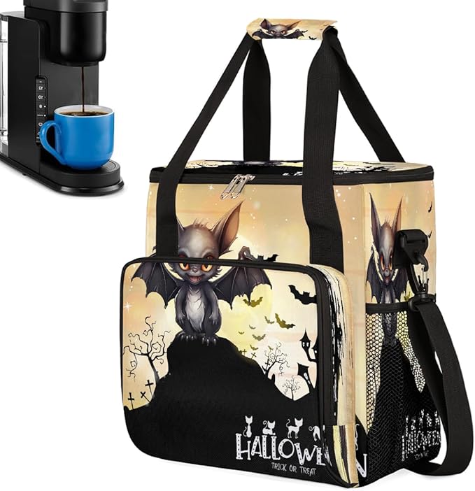 Halloween Monster Bat Coffee Maker Carring Bag Travel Carrying Storage Tote Bag Compatible with Keurig K-Mini or K-Mini Plus Portable Single Serve Coffee Brewer Case with Pockets for K-cup Pods