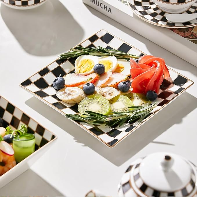 Porlien Checker Porcelain Square Dinnerware Set for 4 Dishes Set for 4 with 3.3-inch Dipping Saucers Black and White Plates and Bowls Set