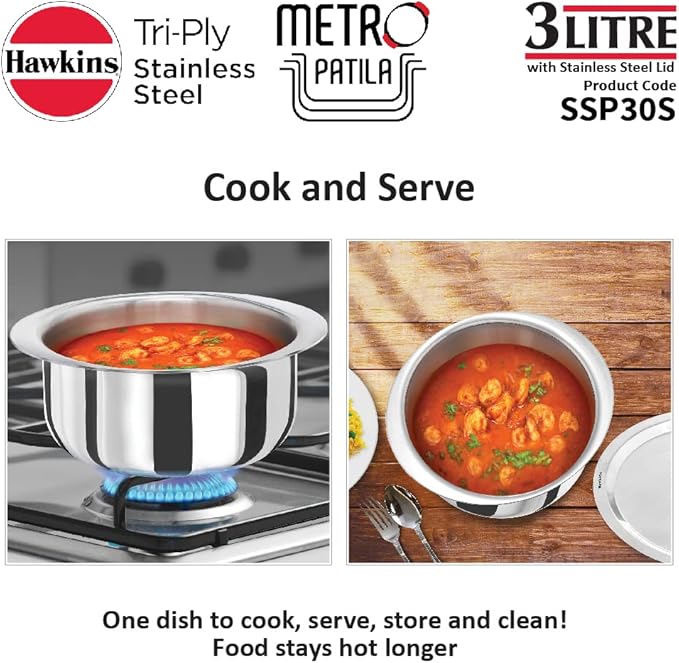 HAWKINS 3 Litre Metro Patila Triply Stainless Steel Tope with Stainless Steel Lid Induction Bhagona Tapeli Silver (SSP30S)