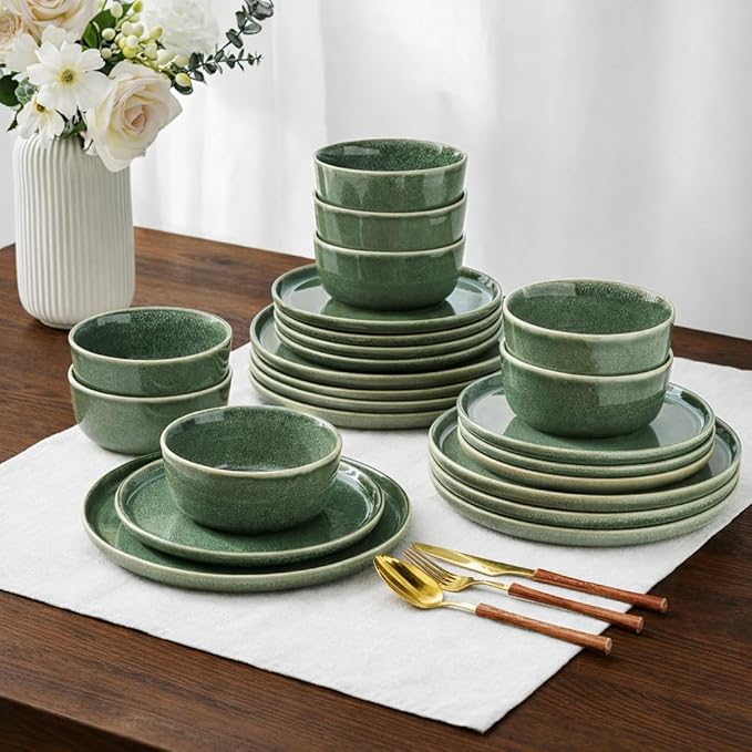AmorArc Stoneware Dinnerware SetsRound Reactive Glaze Ceramic Plates and Bowls SetsHighly Scrath Resistant | Dishwasher &amp Microwave SafeService for 8 Dishes Set (24pc)