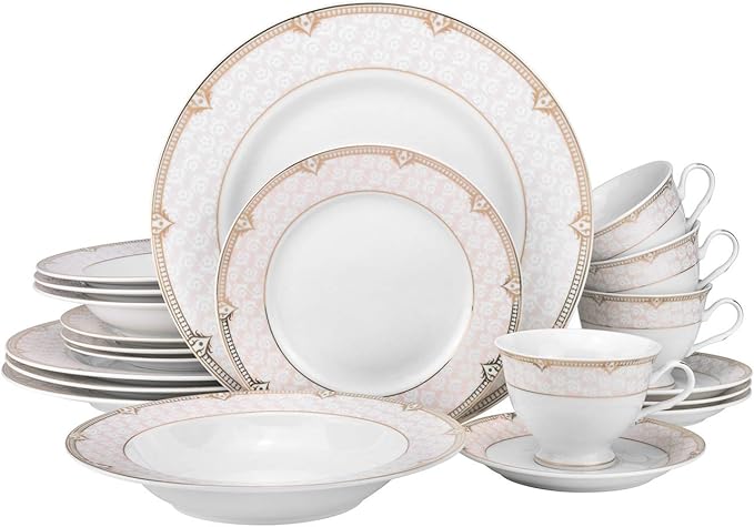 Euro Porcelain 20-pc Luxury Dinnerware Set w/ 24K Gold Ornament HQ Dining Tableware Service for 4 (Sandra)