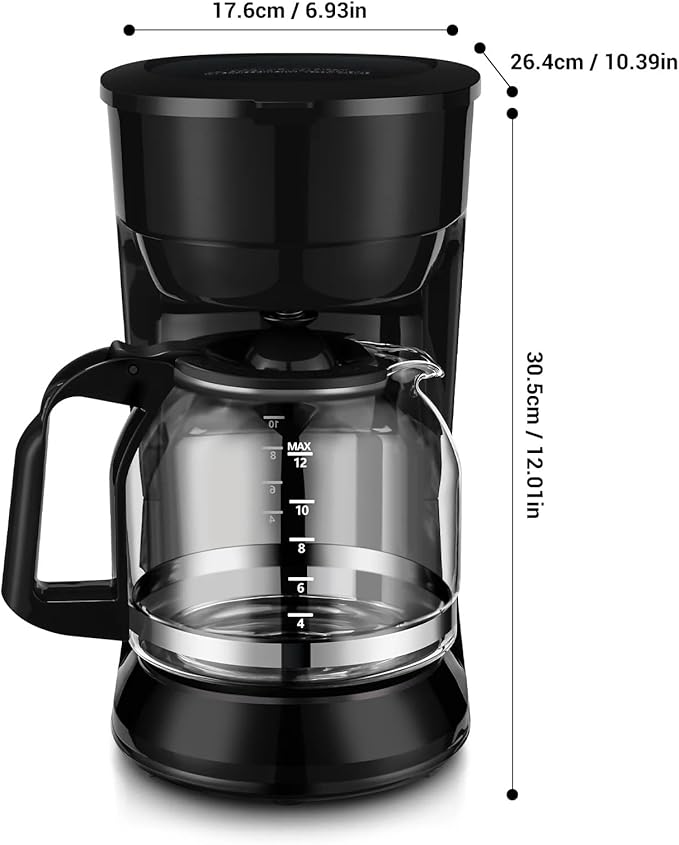 12-Cup Coffee Maker with Easy On/Off Switch Easy Pour Non-Drip Carafe with Removable Filter BasketKeep Hot PlateClear Water Level Window Coffee Machine Black (Black)