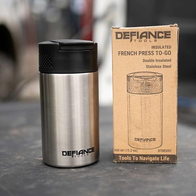 Defiance Tools Travel French Press Mug Portable Coffee Maker Double Insulated Coffee and Tea Press Makes 2 Cups Stainless Steel