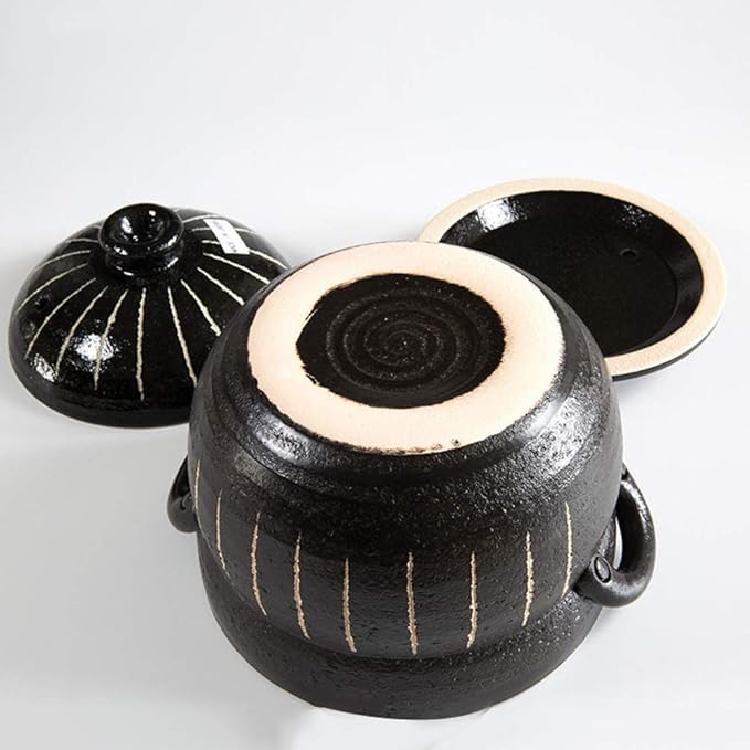 Clay Rice CookerJapanese Stone Rice Pot with Double LidEarthenware Rice PotStockpotHeat Resistant Ceramic CasseroleRound Stove Stew Pot Black 21x17.5cm (Black 21x17.5cm(8x7inch))