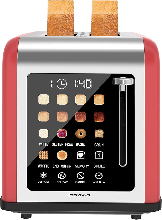 2 Slice Toaster Touch Screen Stainless Steel Toasters Digital Timer 2 Slot Toasters 8 Shade Settings 6 Bread Types for Bagel Cancel Defrost (Red)